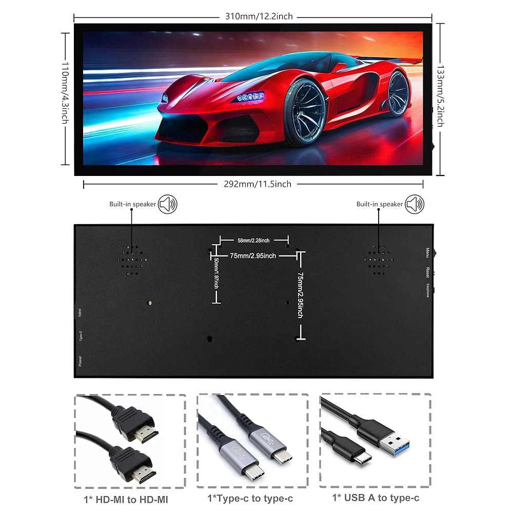 와세코코 12.3인치 터치스크린 모니터 1920x720 바 LCD 미니 보조 화면 휴대용 디스플레이 HDMI 노트북 PC 온도 Aida64 GPU RAM 모니터링용 - 상세 이미지 3