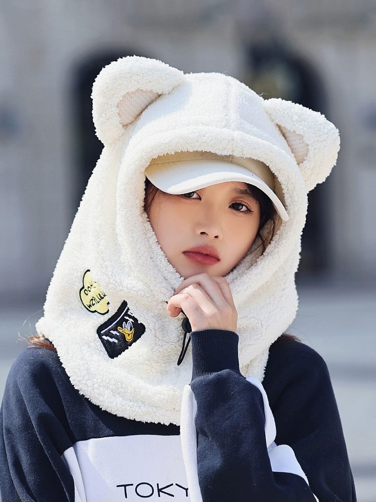 헬멧커버 방한 스키 오토바이 동물 털모자 귀 모자 뿔 베이지 - 상품 이미지