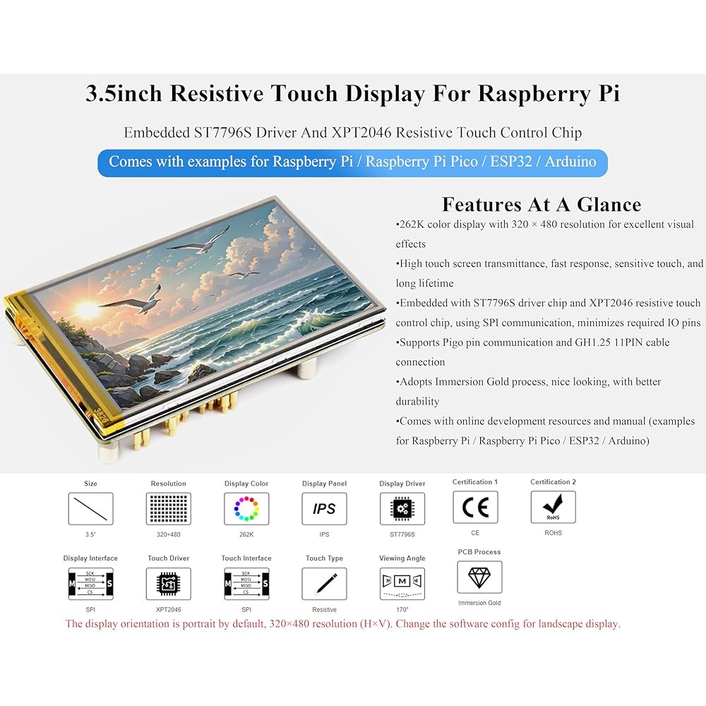 3.5인치 저항형 터치 디스플레이, Pi 5 /4B /3B + /Pico W 2W /ESP32, IPS LCD 화면, 320 480 해상도, 262K 컬러, 피고 핀 헤더 및 GH - 상세 이미지 2