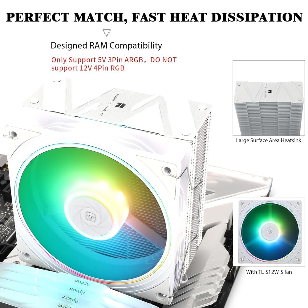 써멀라이트 어쌔신 스피릿 120 EVO 화이트 ARGB CPU 에어쿨러, 120mm PWM 조용한 팬, 2000RPM 속도, 저소음 컴퓨터 냉각, AM4 / AM5 지원, 인텔 - 상세 이미지 2