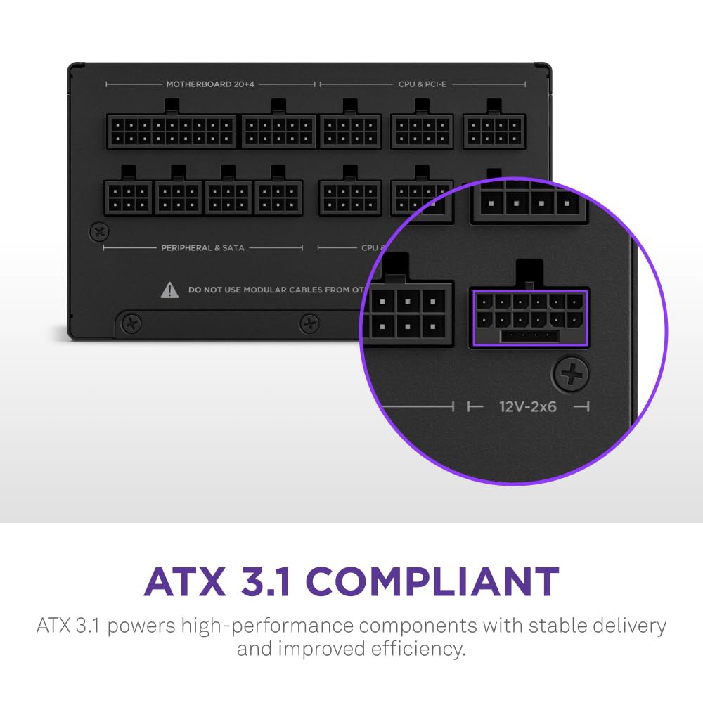 NZXT C1200 골드 ATX 3.1 - 완전 모듈형 저소음 PC 게임 전원 공급 장치 1200와트 80 플러스 12V-2x6 커넥터 제로 팬 모드 100 일본 커패시터 블랙 - 상세 이미지 3