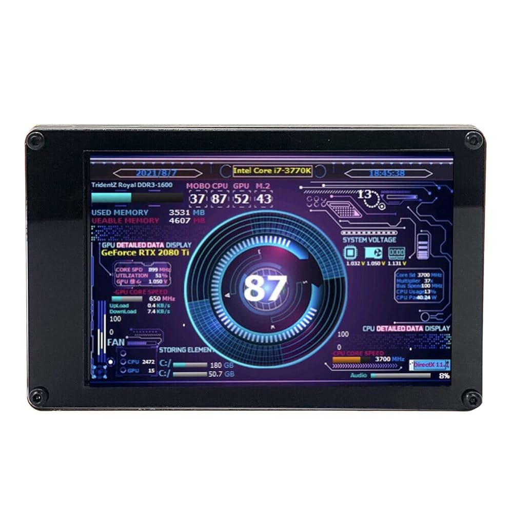 컴퓨터 온도 모니터 3.5인치 u2013 PC 센서 패널 디스플레이, AIDA64 지원 및 360 회전, 케이스용 미니 보조 화면, USB 전원 CPU RAM 데이터 모니터(블랙) - 상품 이미지