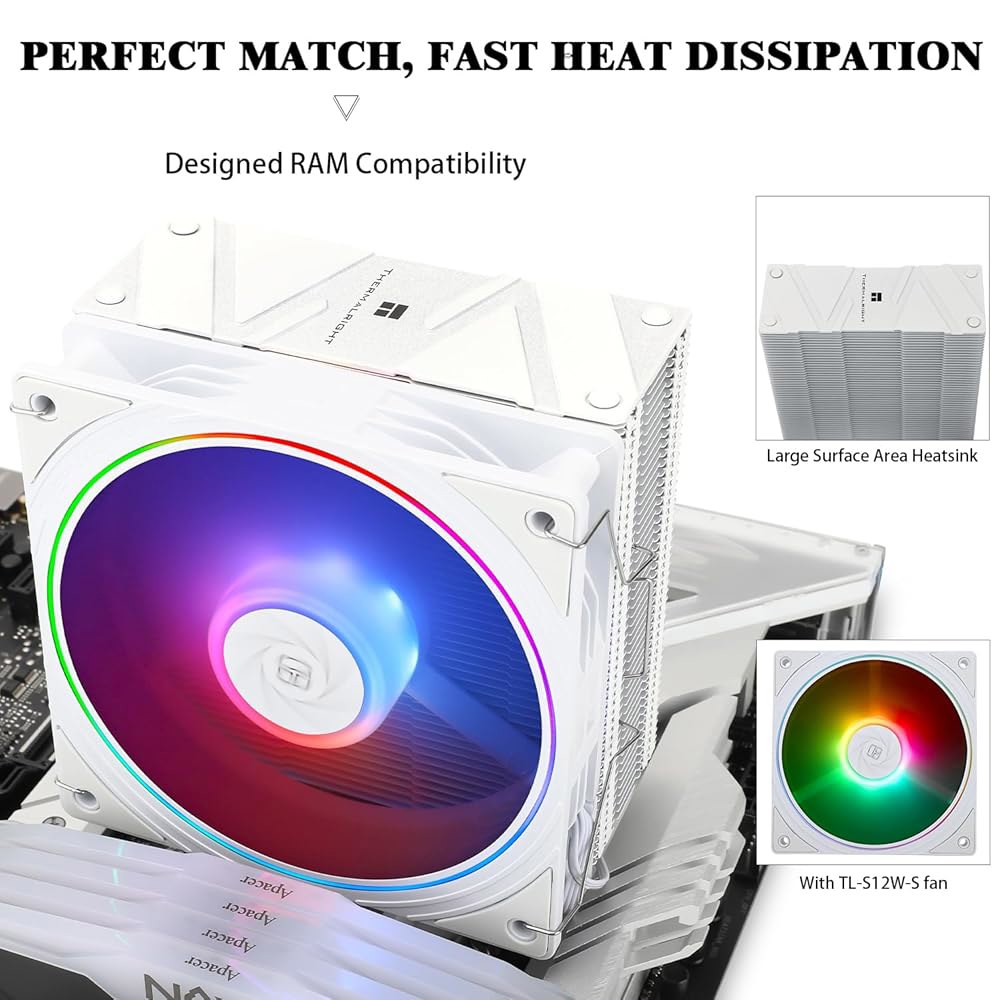 써멀라이트 어쌔신 스피릿 120 EVO 화이트 ARGB CPU 에어 쿨러, 2000RPM 속도, 히트파이프 4개, S-FDB 베어링 포함 12cm 콰이어트 PWM 팬 AMD AM4 - 상세 이미지 3