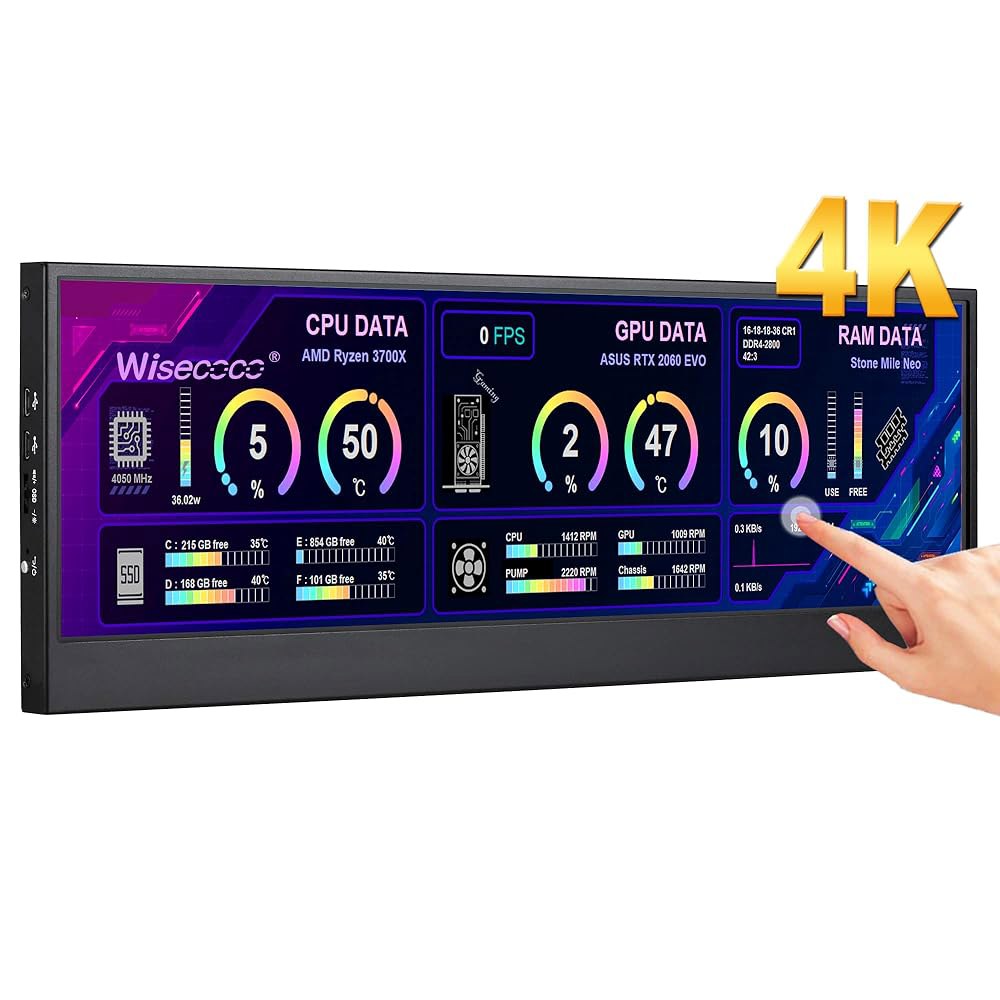 Wisecoco 14인치 4K UHD IPS 3840x1100 스트레치 바 터치 스크린 디스플레이 모니터 - 노트북 PC 속도 온도 윈도우 Aida64 CPU GPU HDMI 보조 - 상품 이미지