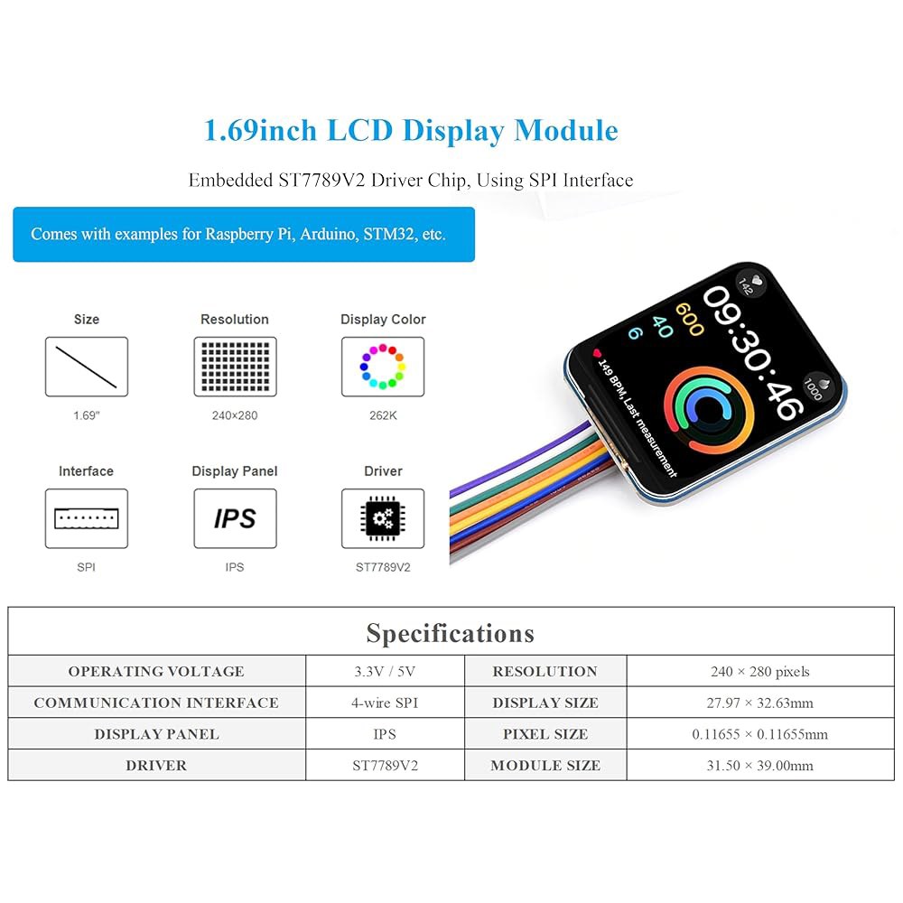 UeeKoo 1.69인치 LCD 디스플레이 모듈 IPS 패널, Raspberry Pi 5 /4B /3B+ /3B /2B /Zero W /WH 2W /Ar-duino / STM32, - 상세 이미지 3