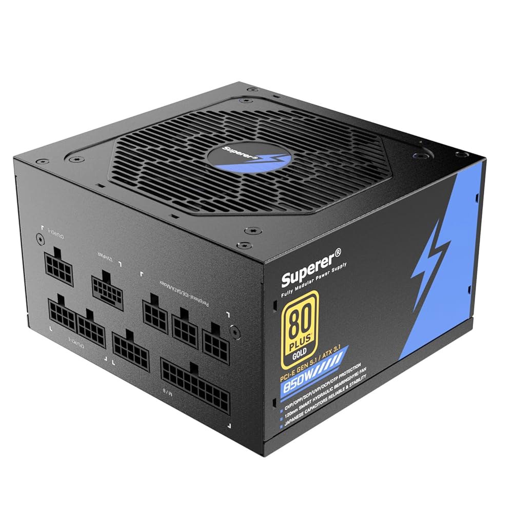 Superrer (2025) 850W PSU 전원 공급 장치 완전 모듈식, 80 플러스 골드, ATX 3.1 3.0, PCIE 5.1 5.0, 12V WR, 저소음, 일본 커패시터 - 상품 이미지
