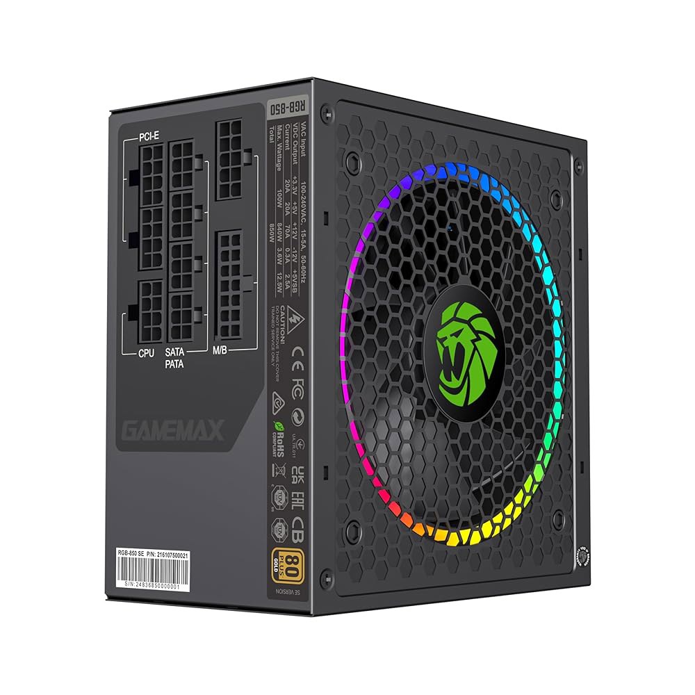 GAMEMAX 850W 전원 공급, 완전 모듈식, 80 플러스 골드, 마더보드와 ARGB 동기화, RGB-850 Pro RGB850-PRO - 상세 이미지 3