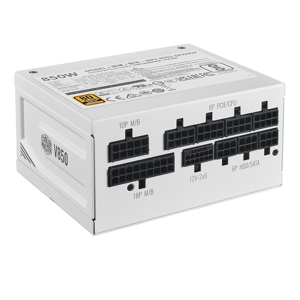 쿨러 마스터 V850 화이트 SFX 골드 ITX SFF 모듈식 전원 공급 장치, 850W 80Plus 골드, ATX 3.1 | 90 PCIe 5.1, 디자인된 레디 엔비디아 RTX - 상품 이미지