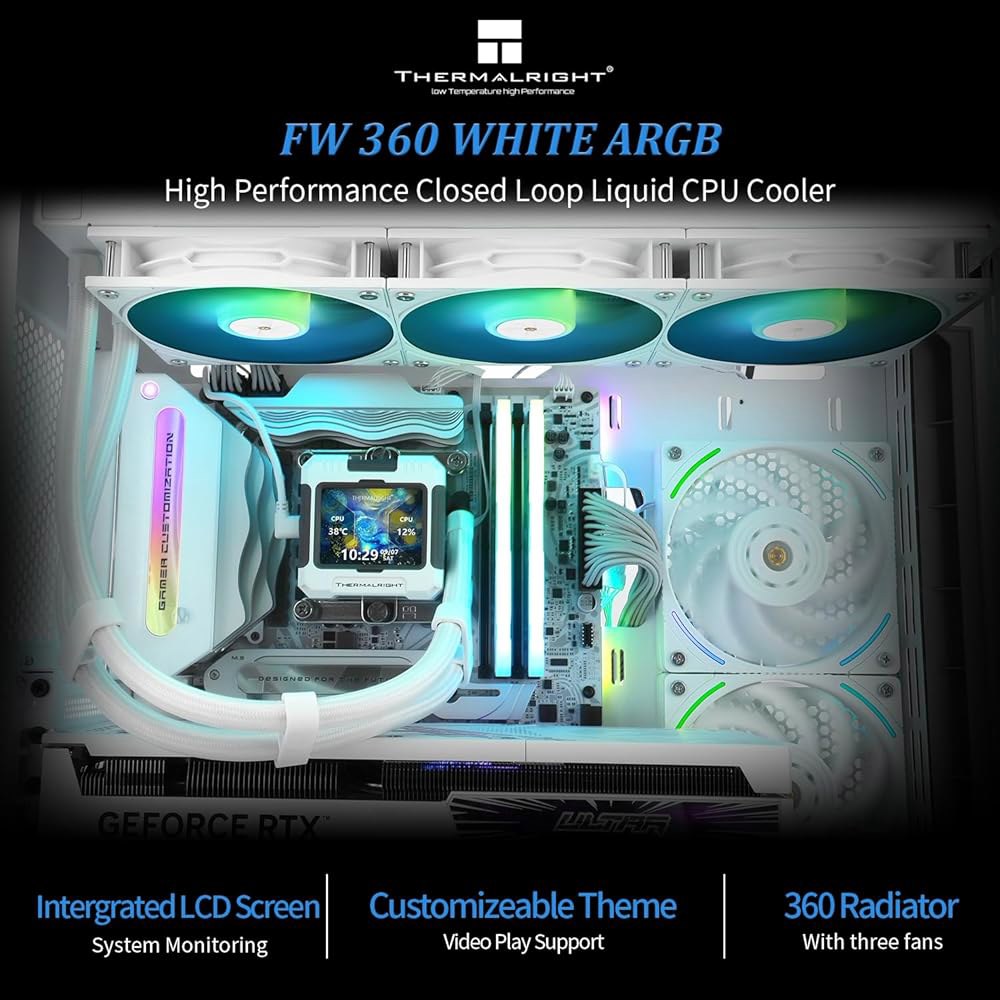Thermalright FW 360 화이트 ARGB V2 CPU 워터 쿨러(2000RPM 팬 3개 포함), 320 240 해상도의 IPS LCD 화면, 액체 쿨러, AMD용 PC - 상세 이미지 2