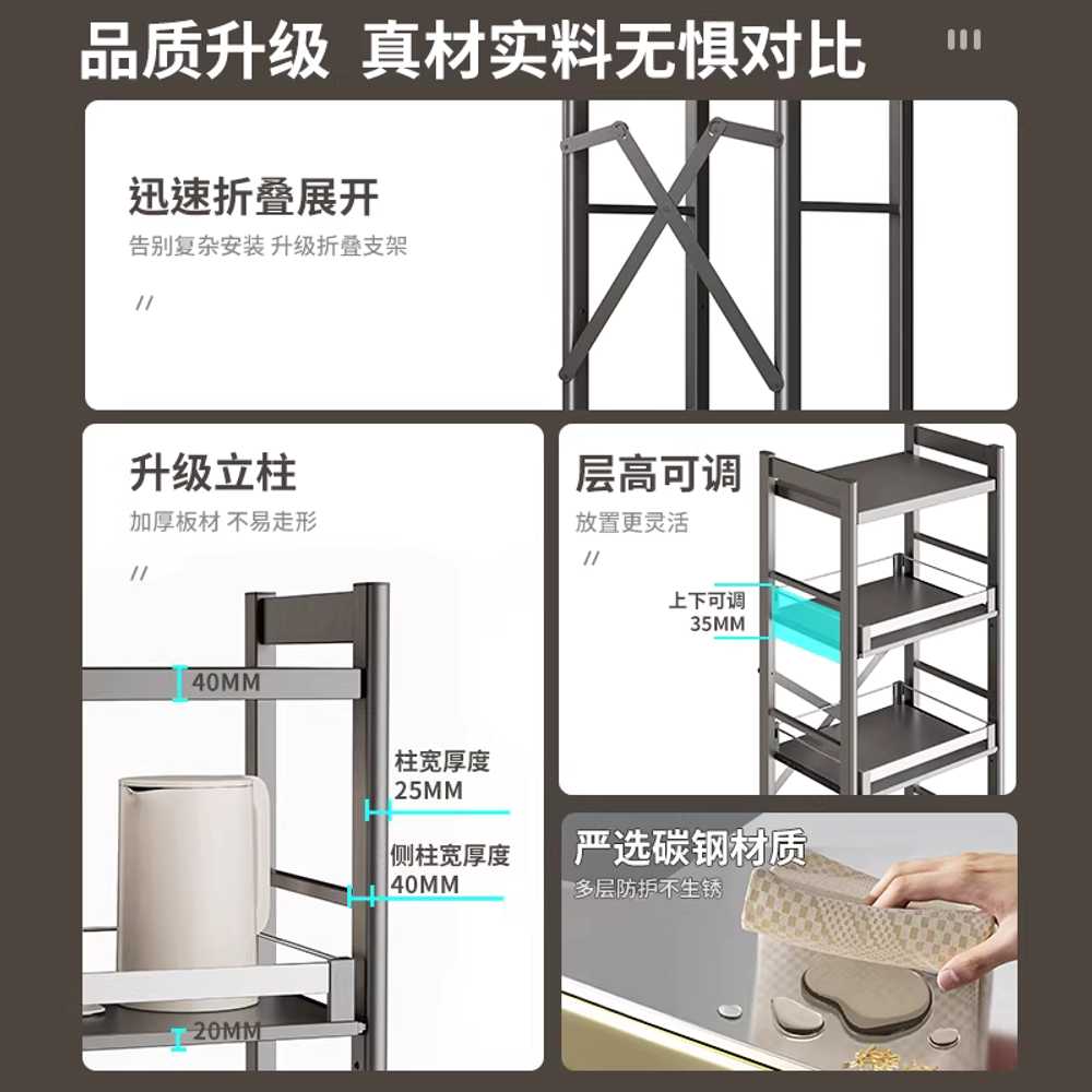 밥솥 레일 선반 원룸 렌지대 렉장 전자렌지 철제 밥통 35x41x85cm건메탈3단/4후크4바퀴 - 상세 이미지 5