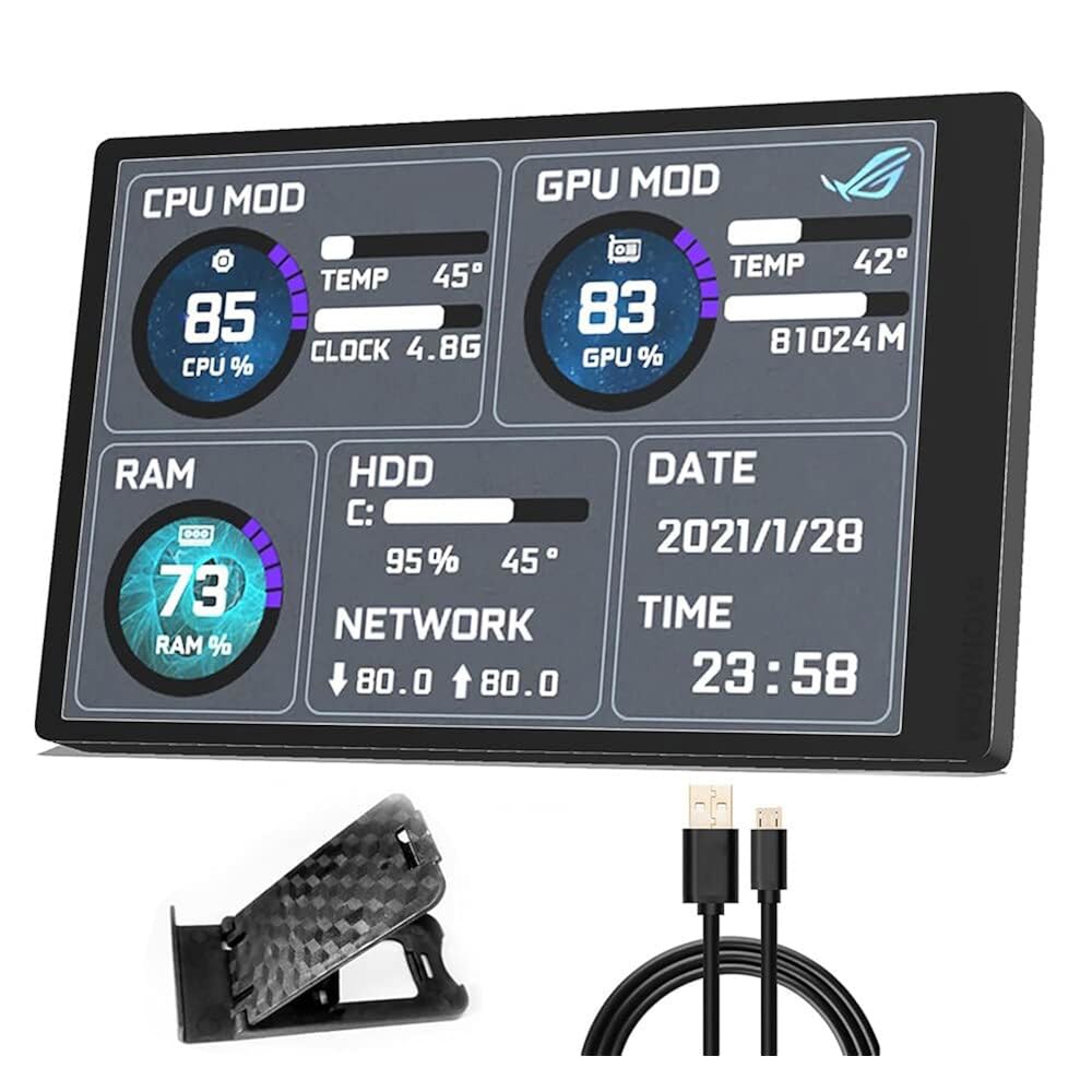 3.5인치 IPS USB 미니 화면, PC ARGB 컴퓨터 케이스 보조 화면 CPU RAM HDD 데이터 모니터용 AIDA64 온도 표시 필요 없음 Black - 상품 이미지