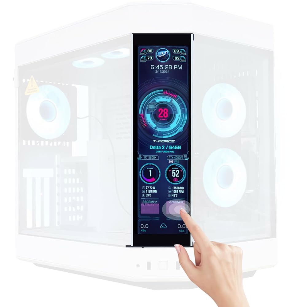 GeeekPi 12.6인치 IPS LCD 터치 스크린 모니터 FHD 1920x515 디스플레이, Hyte Y60 PC 케이스 CPU 보조 패널에 적합, 내장 듀얼 스피커, 플러그 - 상품 이미지