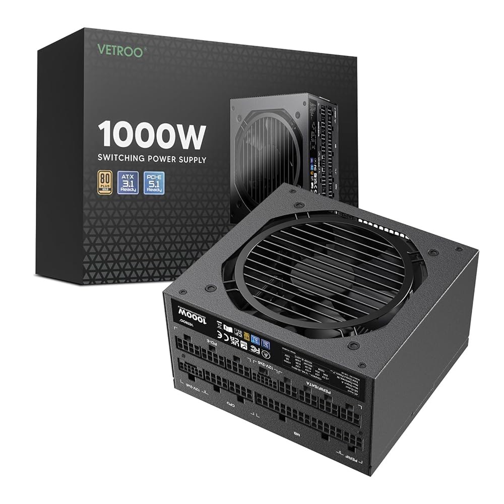베트루 1000W 블랙 전원 공급 장치 ATX 3.1 레디 듀얼 PCIe 5.1, 80 플러스 골드 풀 모듈러, 120mm FDB 팬 포함 에코 모드, 컴팩트 사이즈, 게이밍 PC - 상품 이미지
