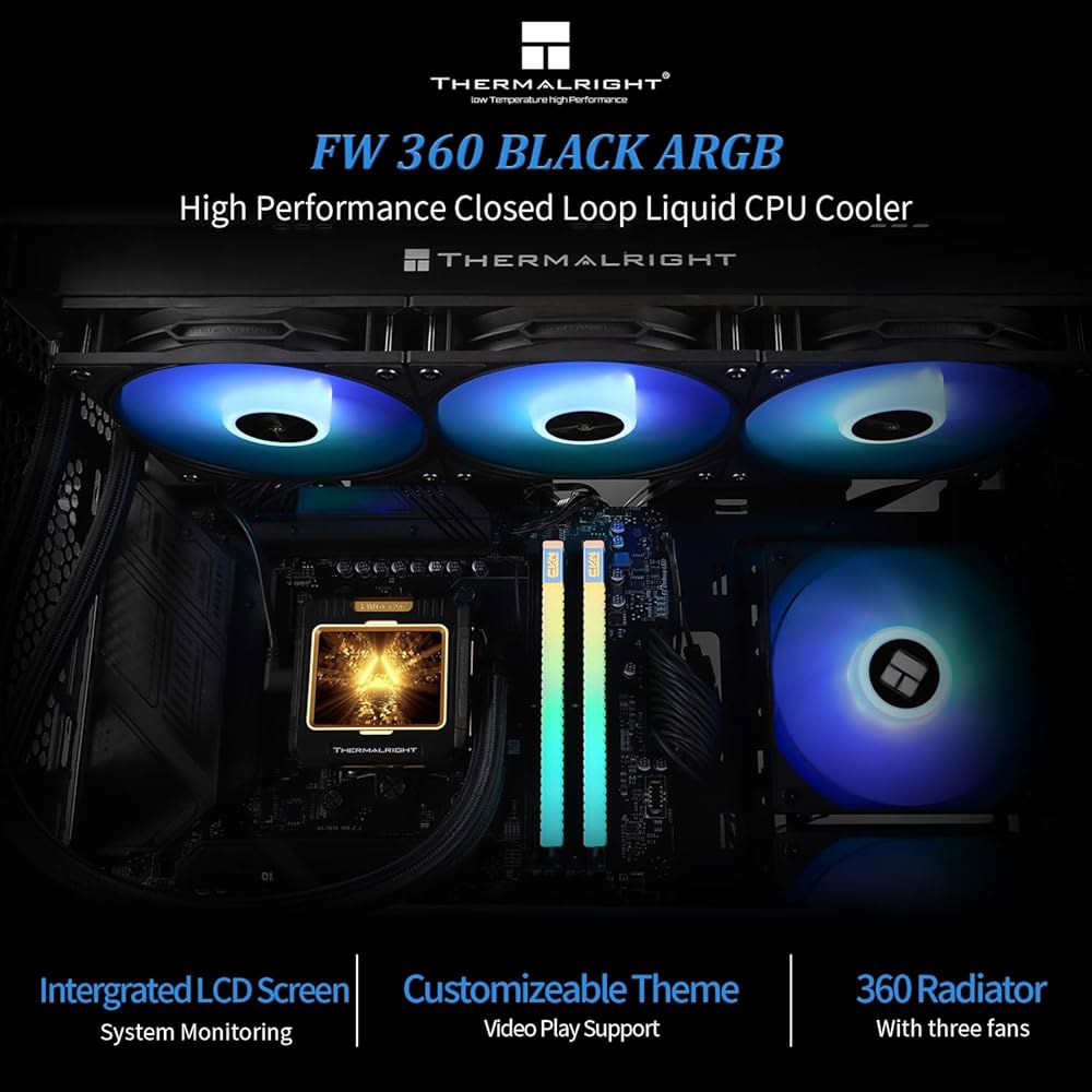 Thermalright FW360 블랙 ARGB CPU AIO 쿨러, PC 360 사양 워터 쿨러 시스템, 320x240 해상도의 IPS LCD 화면, AM5 및 인텔 LGA170 - 상세 이미지 2