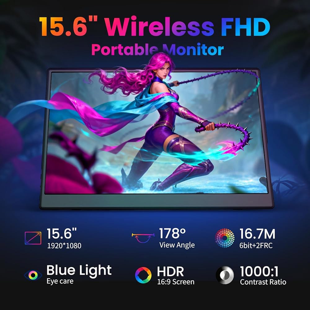 iProda 무선 휴대용 모니터, 자동 회전 기능이 있는 노트북용 15.6인치 1080p FHD 60Hz PS4 /5 / 스위치 MAC 전화용 두 번째 여행용 화면 - 상세 이미지 2