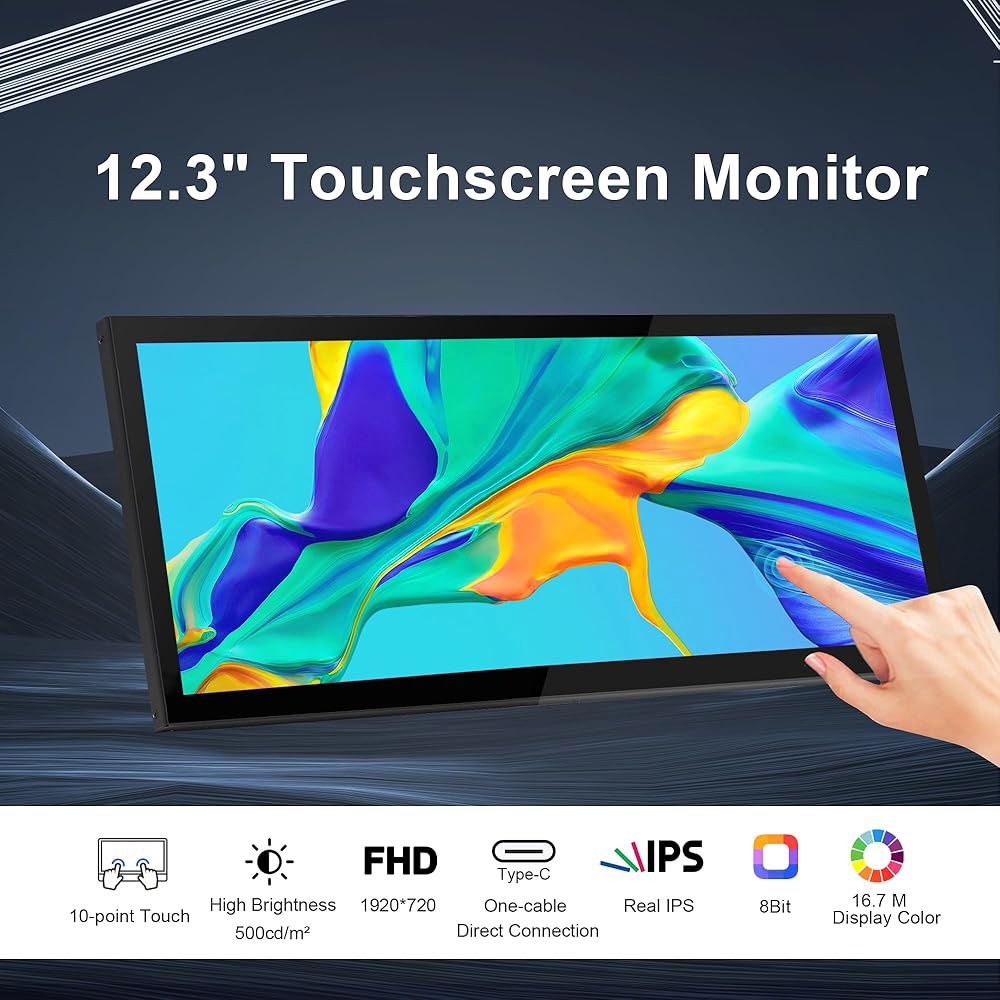 와세코코 12.3인치 터치스크린 모니터 IPS 1920x720 스트레치 바 LCD 미니 보조 화면 휴대용 디스플레이 HDMI 노트북 PC 온도 Aida64 GPU RAM 모니터링용 - 상세 이미지 2