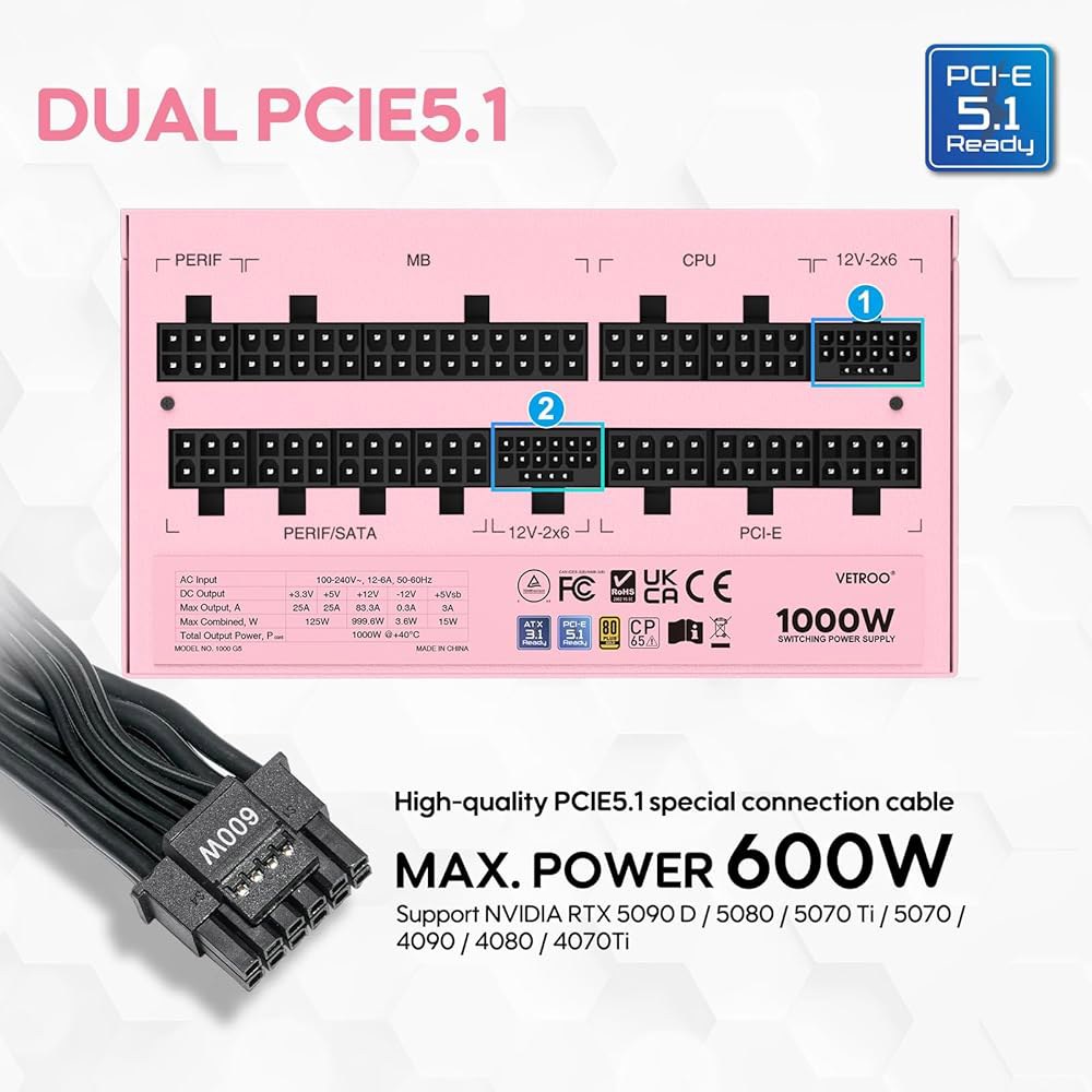 베트루 1000W 핑크 전원 공급 장치 ATX 3.1 레디 듀얼 PCIe 5.1, 80 플러스 골드 풀 모듈러, 120mm FDB 팬 포함 에코 모드, 컴팩트 사이즈, 게이밍 PC - 상세 이미지 2