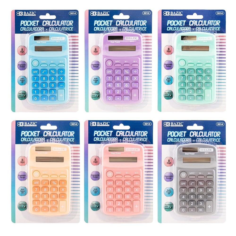 BAZIC Products 8자리 포켓 사이즈 다를 색상은 기본 표준 수 단위 태양열 기능 계산기, 소형 배터리, LCD 디스플레이, 있음 1개 파워 및 듀얼 - 상품 이미지