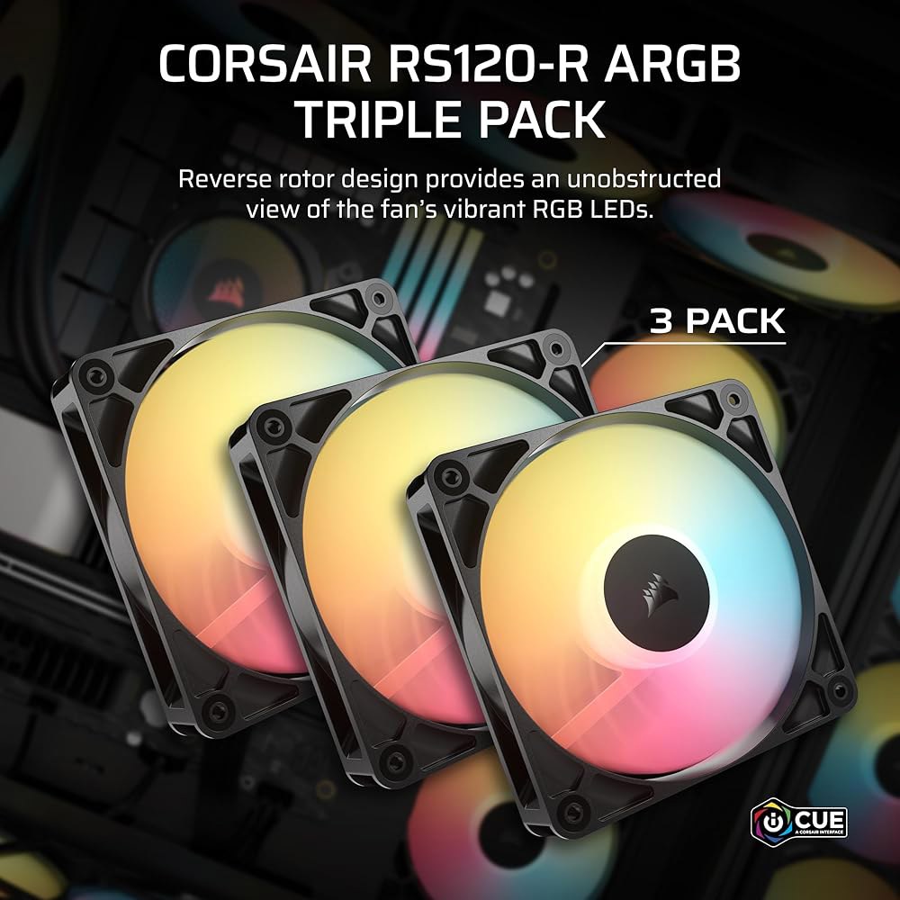 Corsair RS120-R ARGB 120mm PWM 리버스 팬 u2013 로터, +5V 연결, 8개의 RGB LED, 고압, 데이지 체인, 마그네틱 돔 베어링, 제로 RPM - 상세 이미지 2