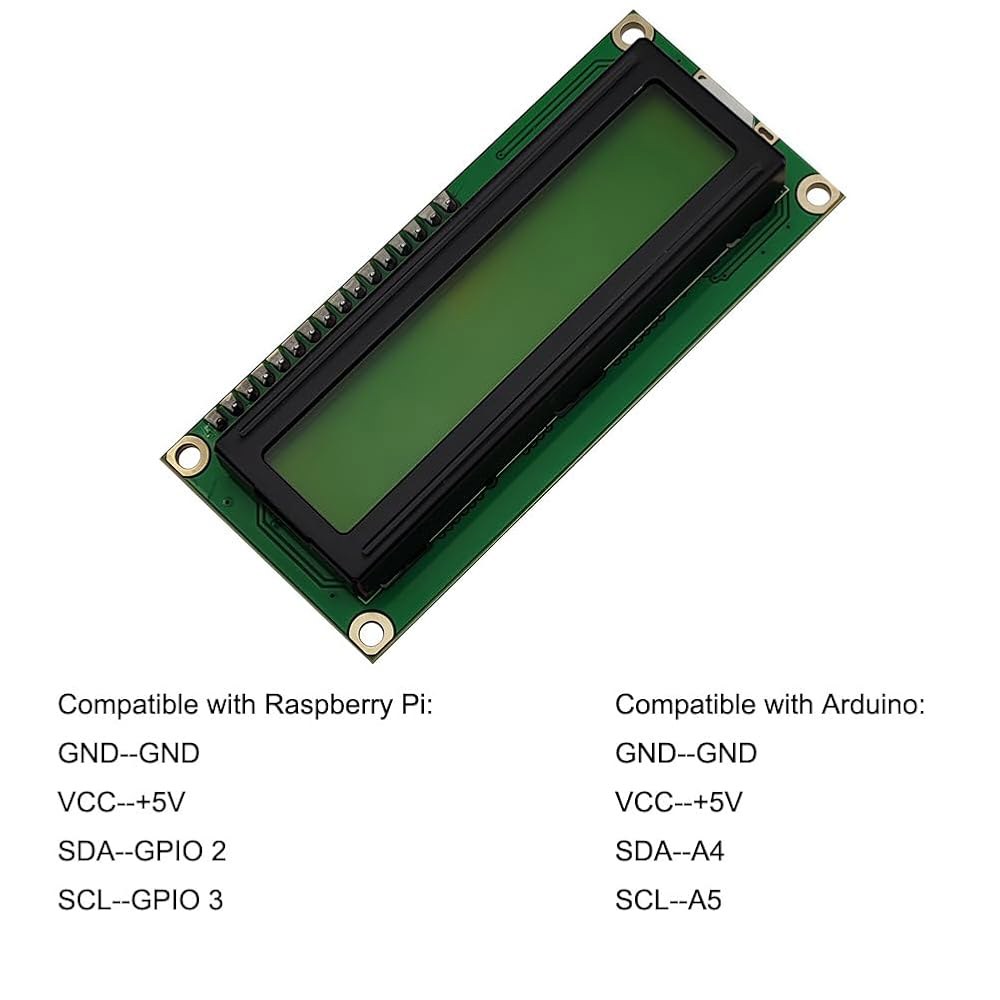 Haldzemo 1602A LCD 화면 디스플레이 모듈 I2C 1602 16x2 블랙 캐릭터 옐로우 백라이트 + 8핀 점프 와이어(2팩) - 상세 이미지 2