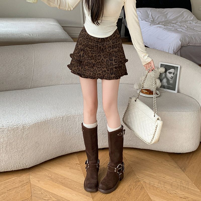 레오파드 러플 A라인 스웨이드 가을 겨울 여성용 트렌디한 착용감 편안한 패션 - 상세 이미지 4