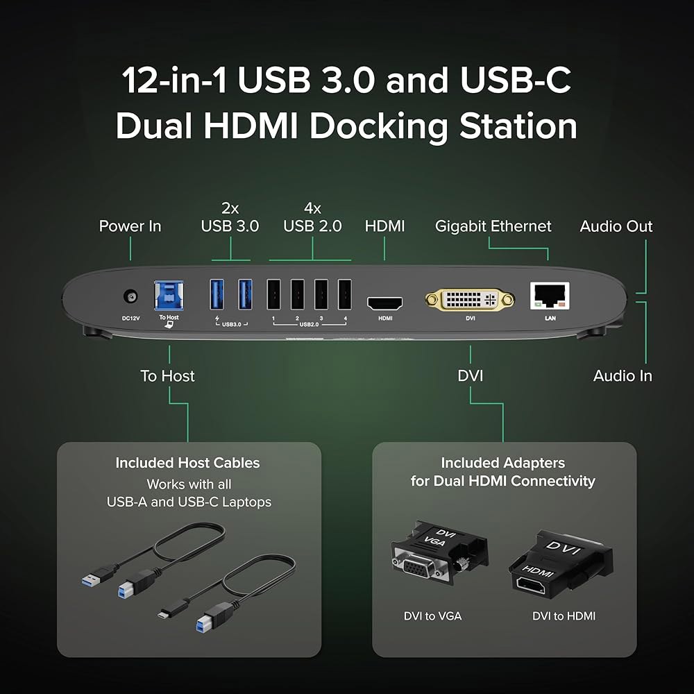 Windows, macOS, ChromeOS용 플러그형 USB 3.0 범용 도킹 스테이션(듀얼 HDMI 모니터 또는 DVI/VGA, 기가비트 이더넷, 오디오, 포트 6개) - 상세 이미지 2