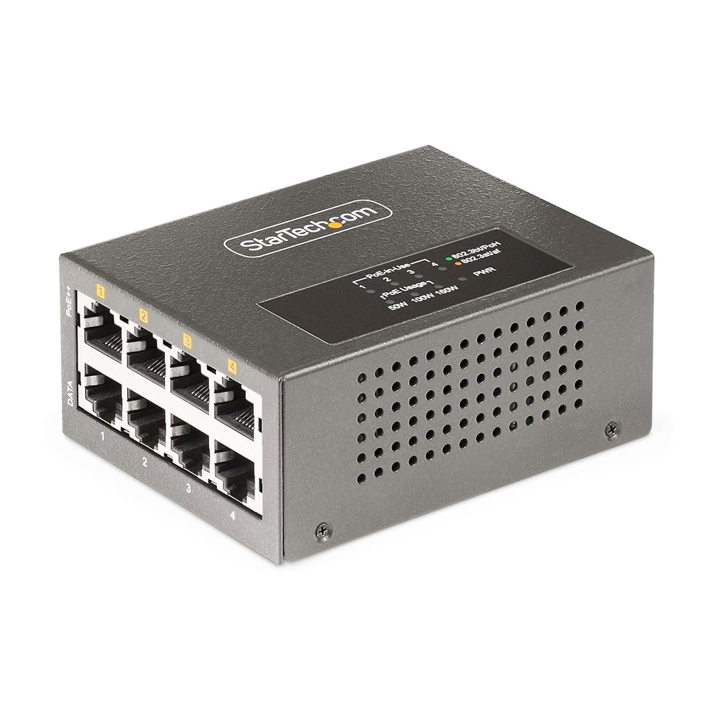 StarTech.com 4포트 멀티 기가비트 PoE++ 인젝터, 5/2.5/1G 이더넷(NSBASE-T), PoE /PoE+ /PoE++, 벽 /DIN 레일 마운트 가능, TAA - 상품 이미지