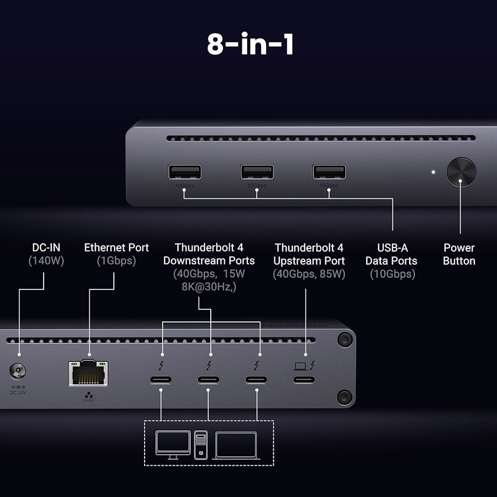 UGREEN Thunderbolt 4 Dock 8-in-1 40Gbps TB4 Hub 3 x TB 듀얼 4K@60Hz 또는 싱글 8K 디스플레이, 85W 충전, 기가비트 이더넷, - 상세 이미지 2