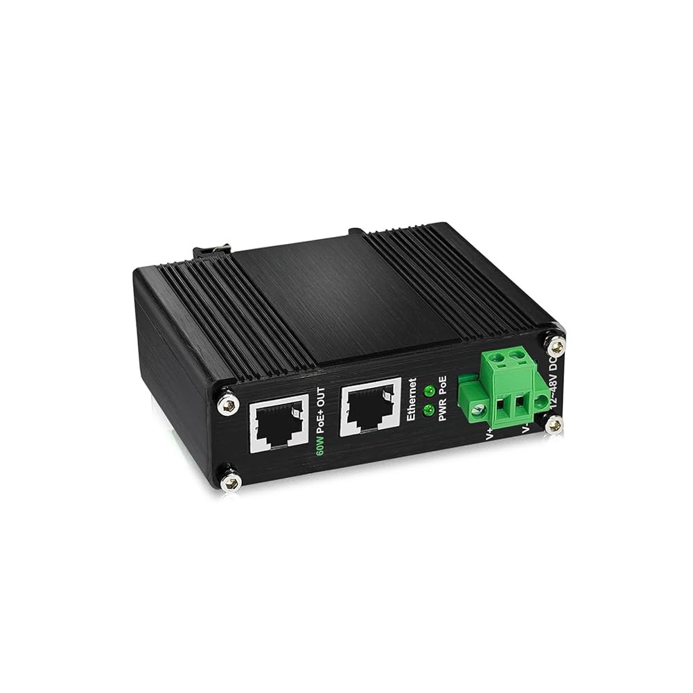 산업용 60W PoE 인젝터, 경화된 기가비트 PoE+ 인젝터 IEEE802.3at 48V 어댑터 전원 오버 이더넷(12-48V DC 입력 DIN 레일 마운트 포함) - 상품 이미지