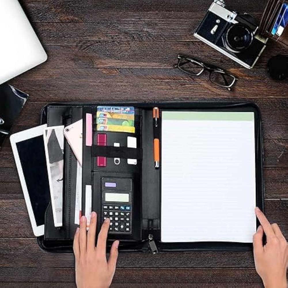 KUSCOR Padfolio 포트폴리오, 10.1인치 태블릿 계산기, 잠금, 카드 PU 인터뷰 필기 비즈니스 지퍼 슬리브, 가죽 전문 및 폴더, 패드, 홀더, 블랙 - 상세 이미지 2