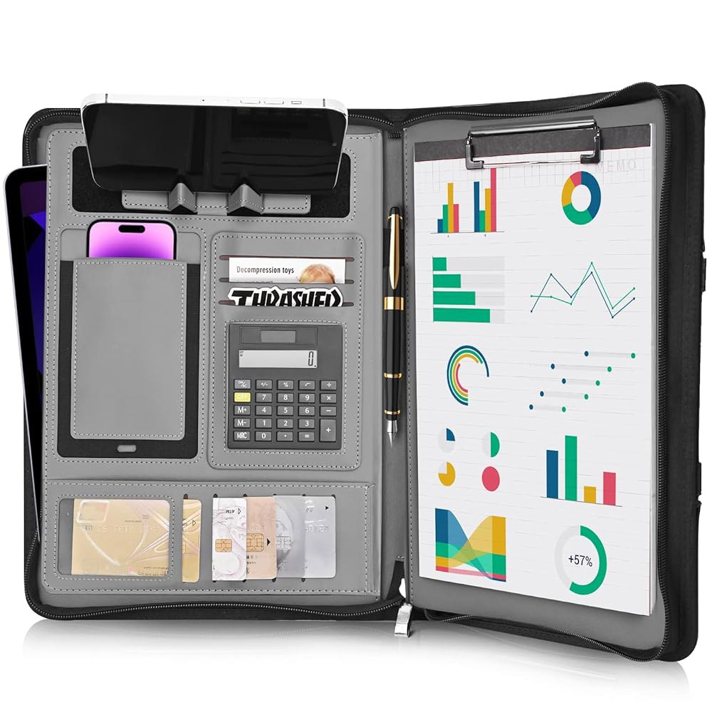 UBAFNOM Padfolio 포트폴리오 바인더 - 여성 비건 비즈니스 가죽 및 남성용 패드폴리오 오거나이저, 지퍼 포함 계산기 - 상품 이미지
