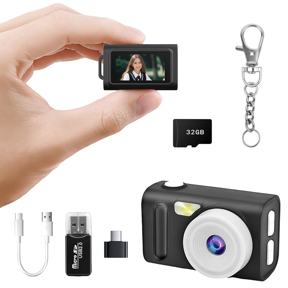 HSENBK 미니 키체인 카메라 1080P HD 비디오 레코더 3MP 타이니 빈티지 디지털 0.96인치 디스플레이, 32GB SD 카드 100분 배터리 수명 - 상품 이미지