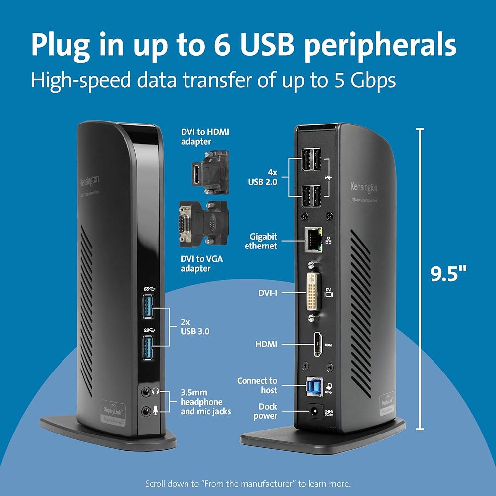 맥북, 윈도우 및 서피스용 켄싱턴 USB 3.0 듀얼 디스플레이 도킹 스테이션 (K33972US) - 상세 이미지 2