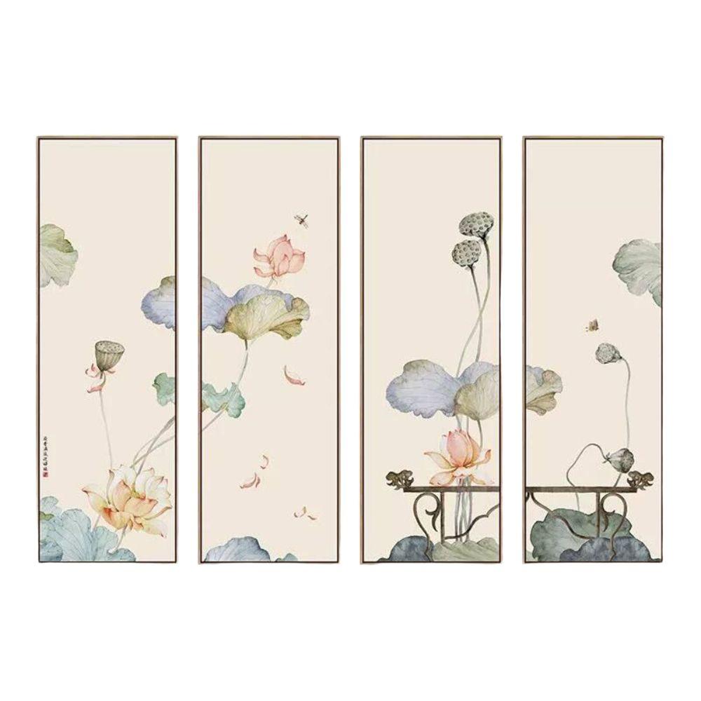 불교 꽃그림 연꽃 그림 대형 액자 캔버스 엔틱 동양화 인테리어 A 50x150cm 골드 프레임 - 상품 이미지