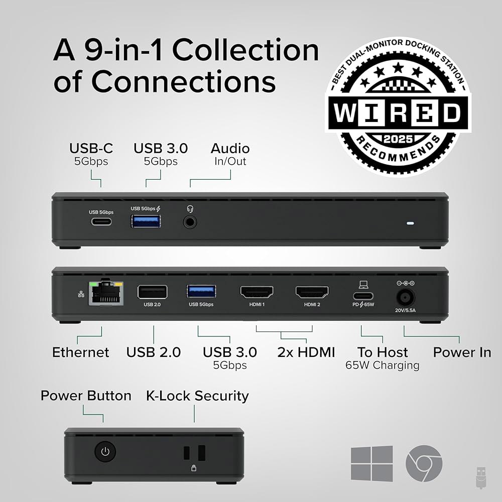 플러그형 USB-C 도킹 스테이션 듀얼 4K 60Hz HDMI, 65W 충전, 기가비트 이더넷, 5Gbps 1배, USB-A 3배, 오디오, Windows /ChromOS, /US - 상세 이미지 2