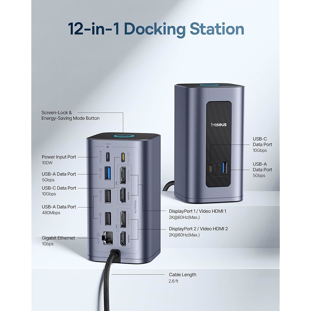 macOS /Win용 베이스어스 도킹 스테이션 듀얼 모니터, 노모스 맥 에어(12 in 1) 노트북 스테이션, 4K HDMI, 10Gbps USB 포트, 1Gbps 이더넷, PD - 상세 이미지 2