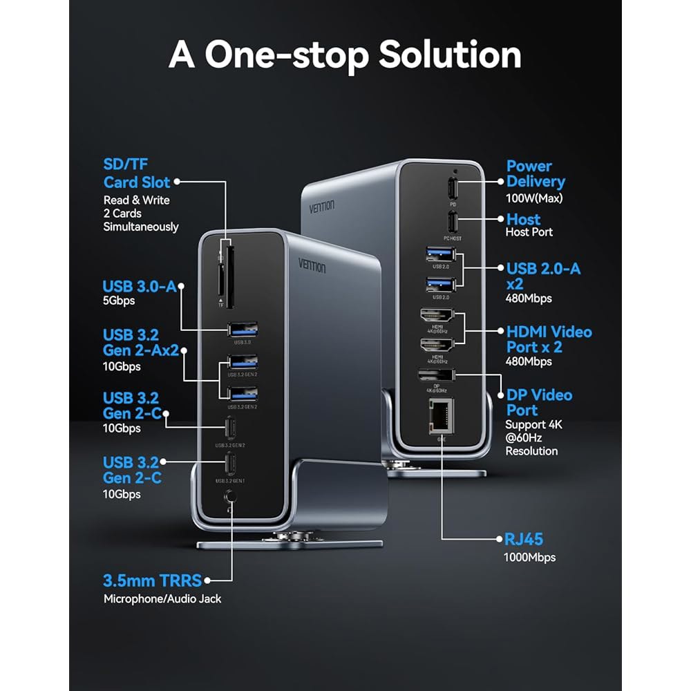 VENTION 15-in-1 노트북 도킹 스테이션 듀얼 모니터, 360 회전식 트리플 모니터 스테이션, 2 4K HDMI 및 1 DP, 노트북용 PD 100W 충전, 10Gbps - 상세 이미지 2