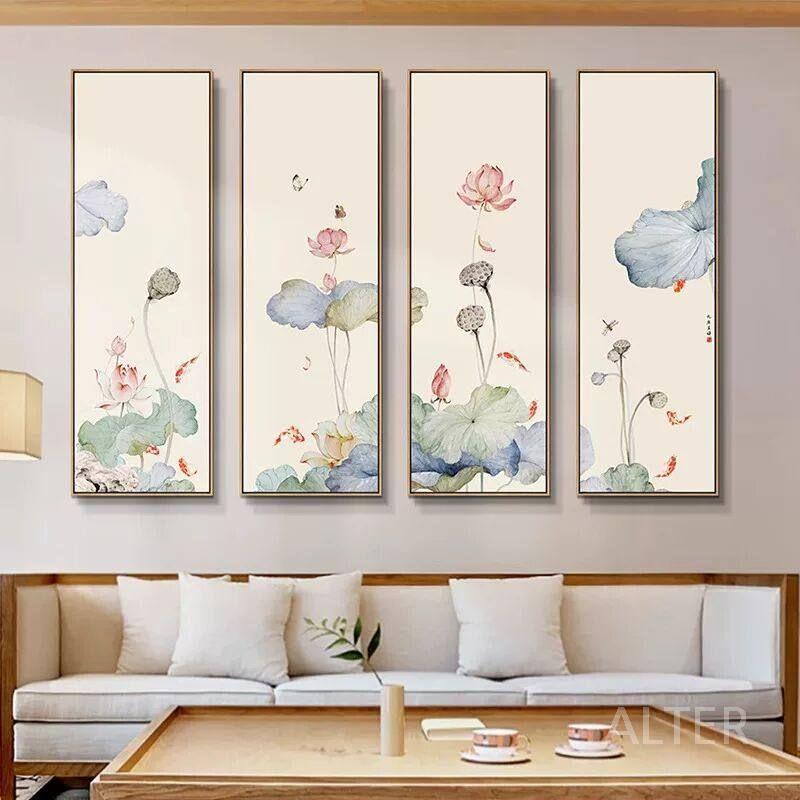 불교 꽃그림 연꽃 그림 대형 액자 캔버스 엔틱 동양화 인테리어 A 50x150cm 골드 프레임 - 상세 이미지 2