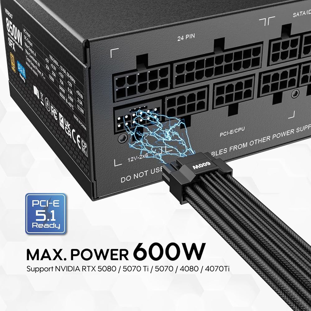 베트루 850W SFX 전원 공급 장치 ATX 3.1 및 PCIE 5.1 준비 완료, 80개 이상의 골드 인증서 완전 모듈식, 저소음 작동을 위한 90mm FDB 팬, SFX-to - 상세 이미지 3