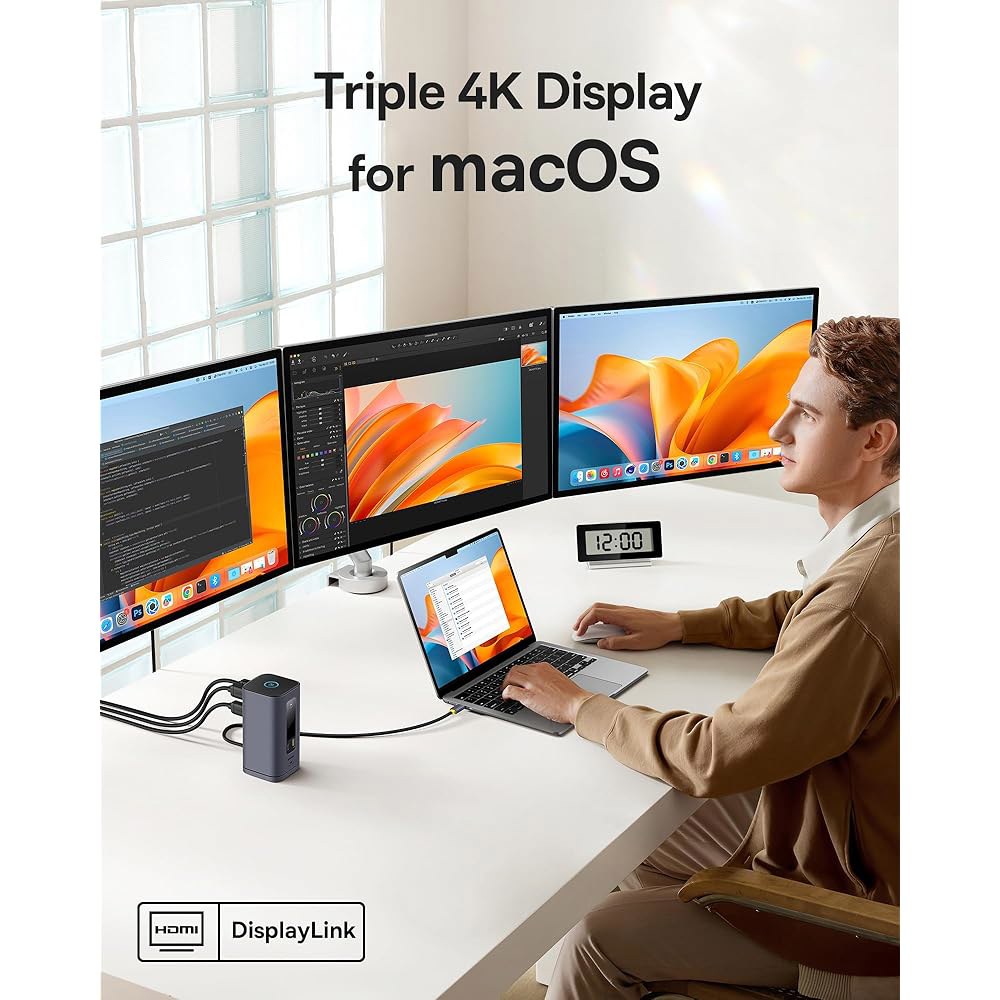베이스어스 스페이스메이트(MAC) 도킹 스테이션, 4K HDMI, 10Gbps USB 포트, 100W PD, 기가비트 이더넷, 오디오, Mac용 노트북 스테이션 3 모니터 및 Wi - 상세 이미지 2