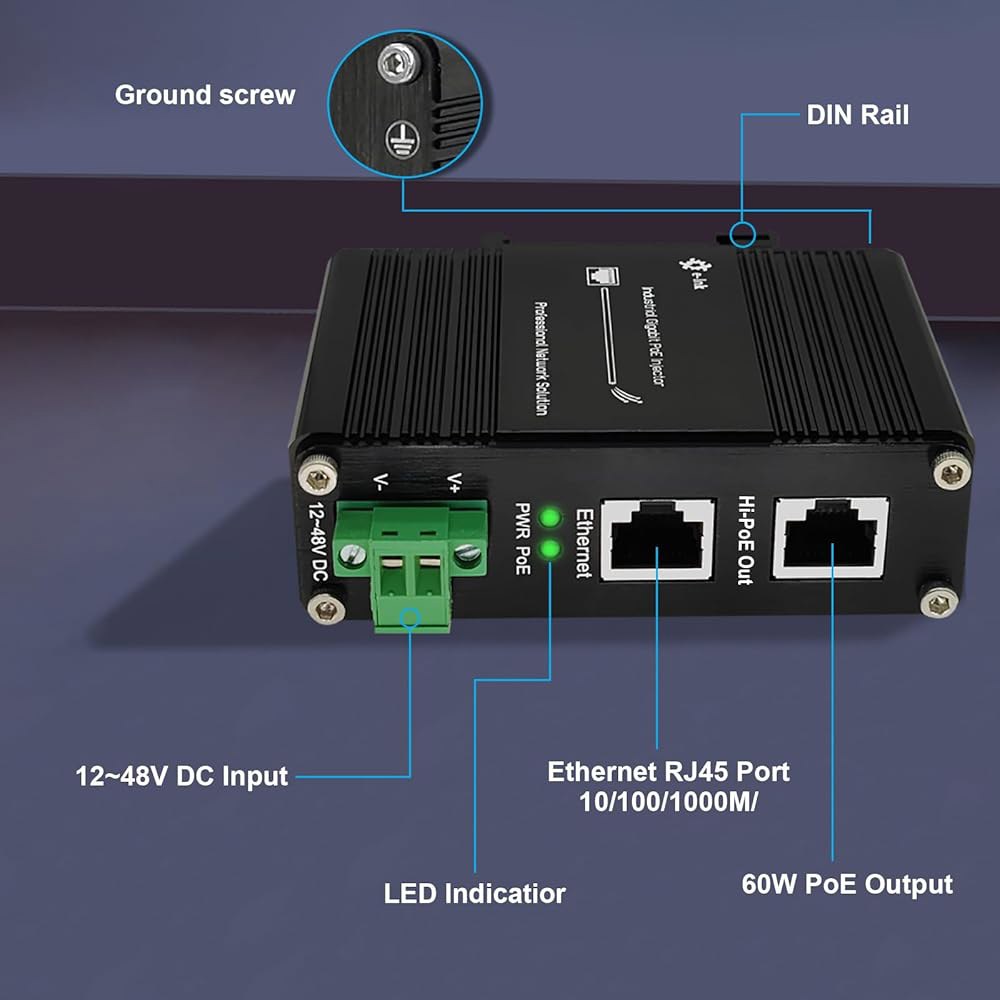 기가비트 하이포이 인젝터 - 산업용 PoE+ IEEE802.3af /at 60W 경화 POE 어댑터, 12-48V DC 입력 DIN- 레일, 월 마운트, 알루미늄 합금 금속 하우징 - 상세 이미지 2