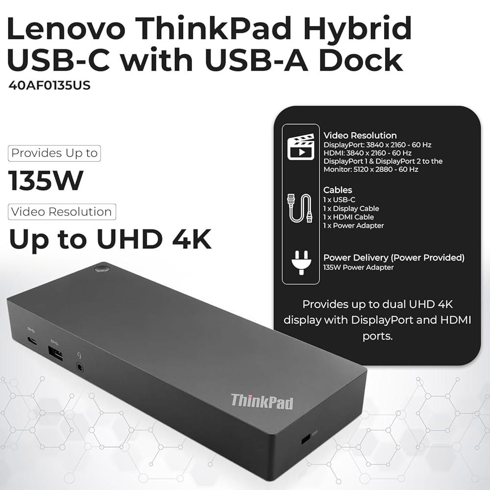 40AF0135US Lenovo 도킹 스테이션 듀얼 모니터 하이브리드 USB-C(USB-A 포함) - 1년 보증, Thinkpad Dock, 135W 어댑터, HDMI, 디스플레이 - 상세 이미지 3