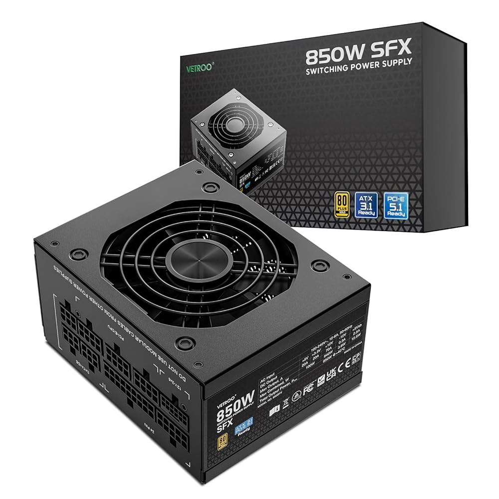 베트루 850W SFX 전원 공급 장치 ATX 3.1 및 PCIE 5.1 준비 완료, 80개 이상의 골드 인증서 완전 모듈식, 저소음 작동을 위한 90mm FDB 팬, SFX-to - 상품 이미지