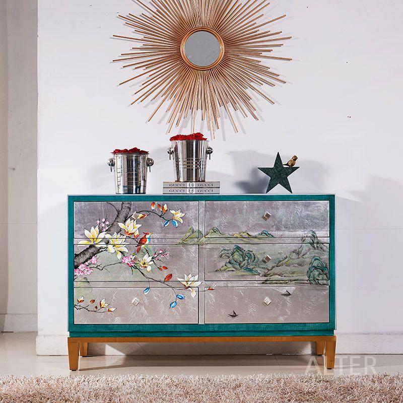 빈티지 페인팅 나비장 고가구 옛날옷장 금박 6서랍장 122x40x80cm - 상세 이미지 2