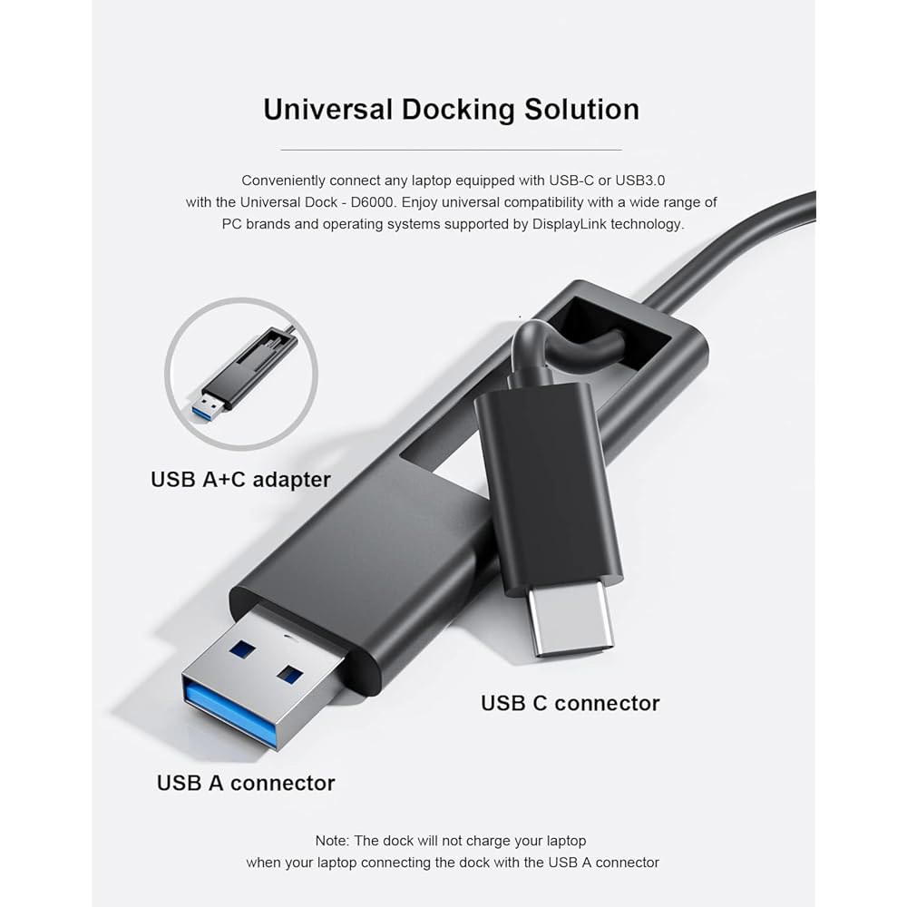 D6000 유니버설 도킹 스테이션, USB 3.0 및 C 싱글 5K 또는 트리플 4K 디스플레이 스테이션(Windows Mac용 포트 2개와 HDMI 포함)(1HDMI, 2DP, - 상세 이미지 2