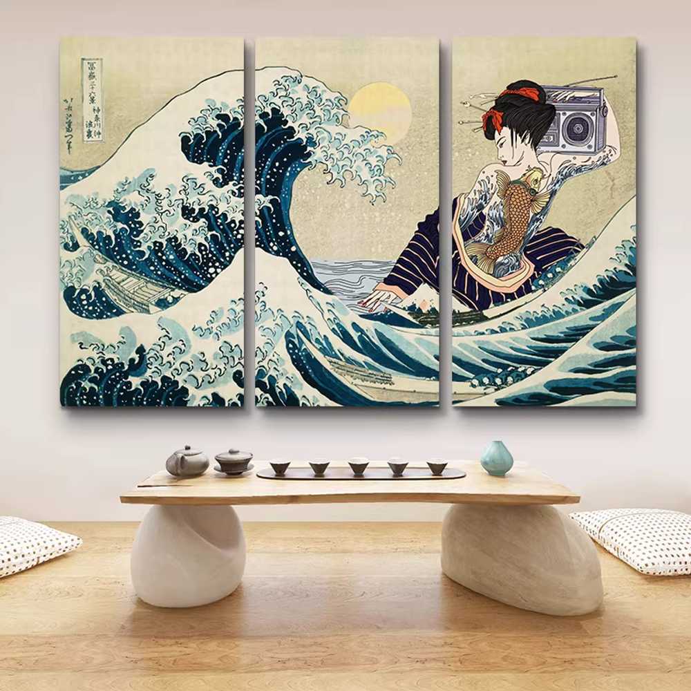 호쿠사이 액자 인쇄 벽걸이 파도 풍경 우키요에 그림 NSL-C01 3폭세트40x80cm단15mm 이미지 8