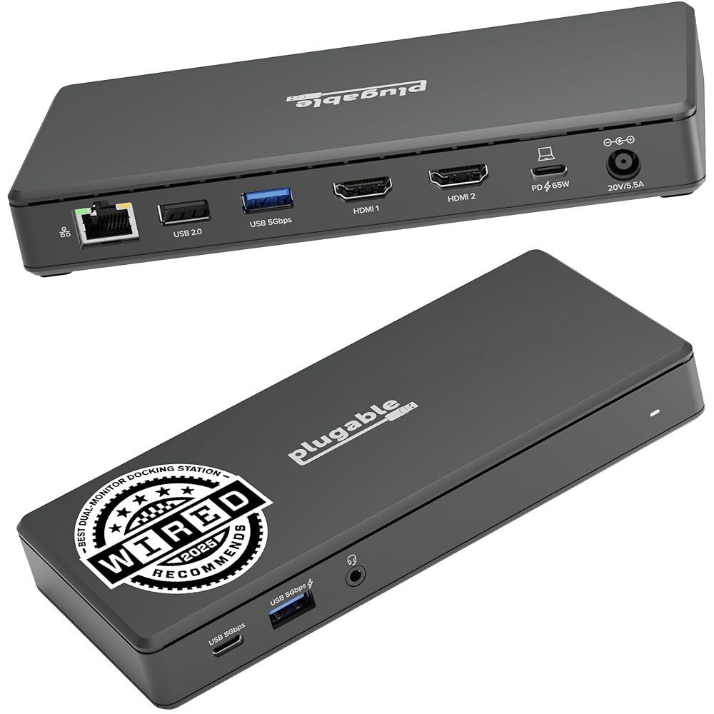 플러그형 USB-C 도킹 스테이션 듀얼 4K 60Hz HDMI, 65W 충전, 기가비트 이더넷, 5Gbps 1배, USB-A 3배, 오디오, Windows /ChromOS, /US - 상품 이미지