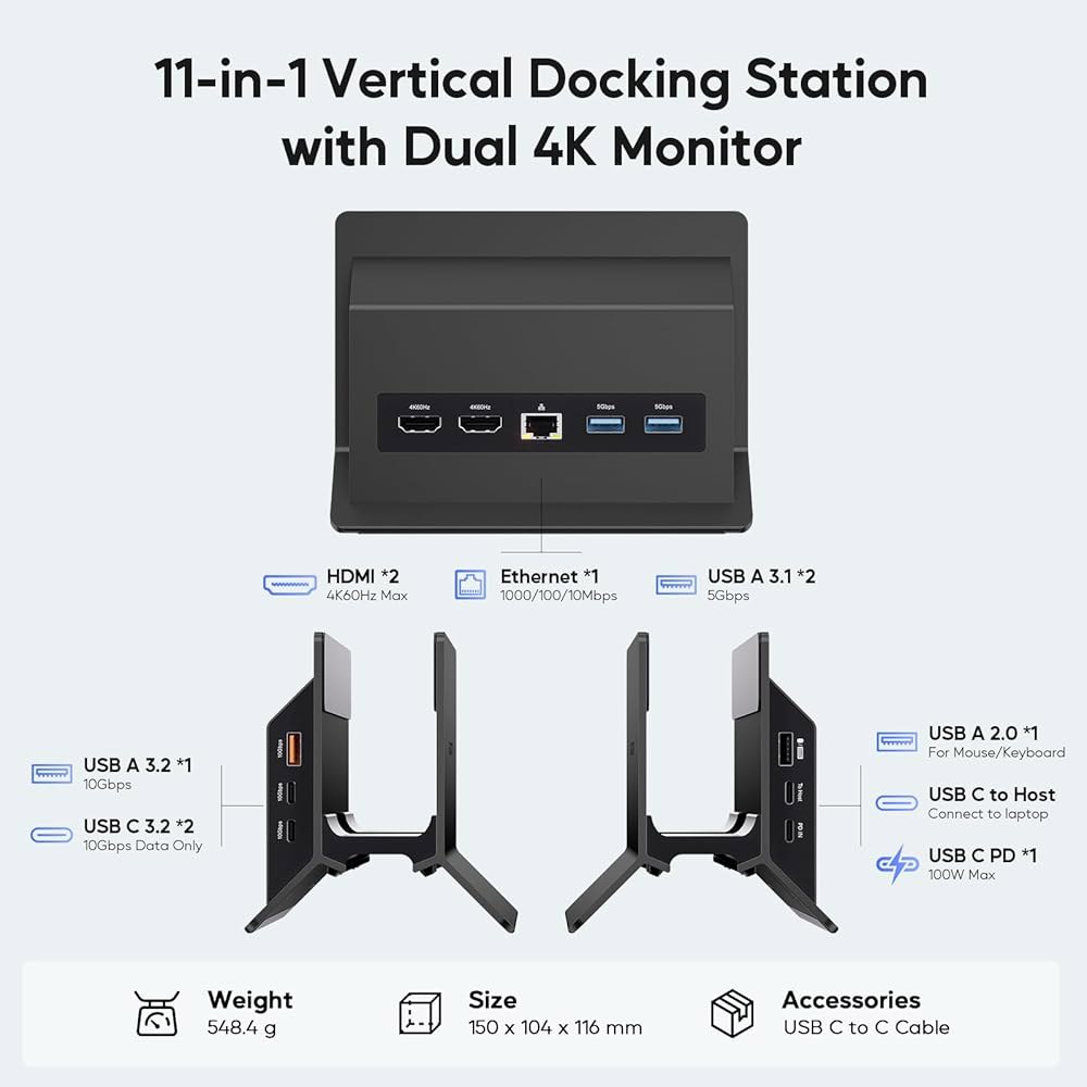 PULWTOP USB C 노트북 도킹 스테이션 듀얼 모니터, 11 in 1 수직 도크, HDMI 4K 2개, A / 10Gbps 3개, USB-A 5Gbps 2.0, 이더넷, 타입 - 상세 이미지 2