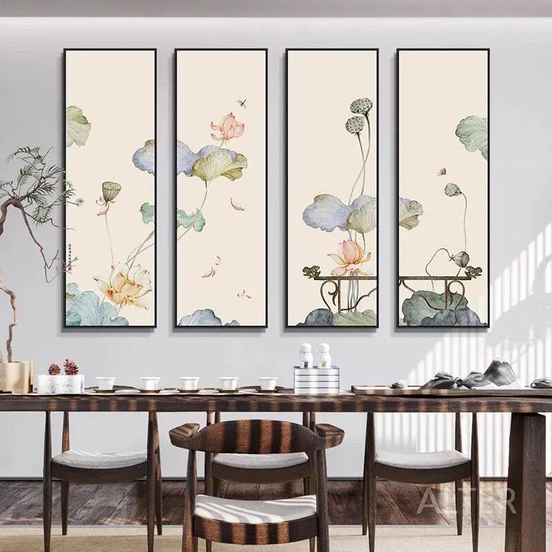 불교 꽃그림 연꽃 그림 대형 액자 캔버스 엔틱 동양화 인테리어 A 50x150cm 골드 프레임 - 상세 이미지 5