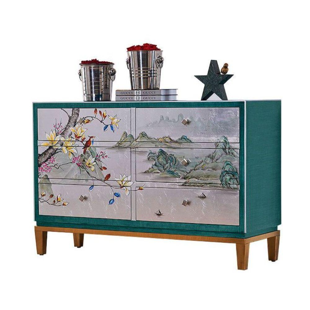 빈티지 페인팅 나비장 고가구 옛날옷장 금박 6서랍장 122x40x80cm